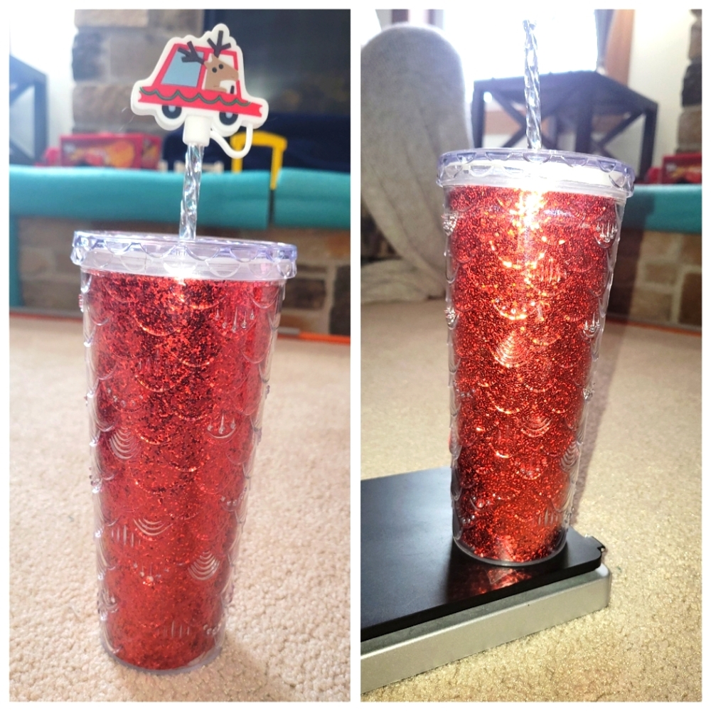 New Holiday Home Tumbler With Lid & Straw Car Red Reindeer Topper Sparkle/Glitte